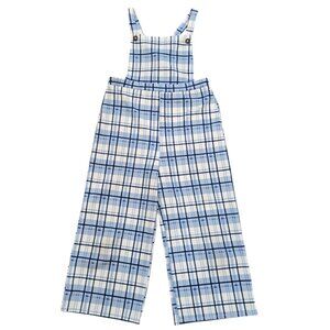 🩵 Heart & Arrow Girls Blue Plaid Overall Jumpsuit Size 14 Wide Leg Criss Cross